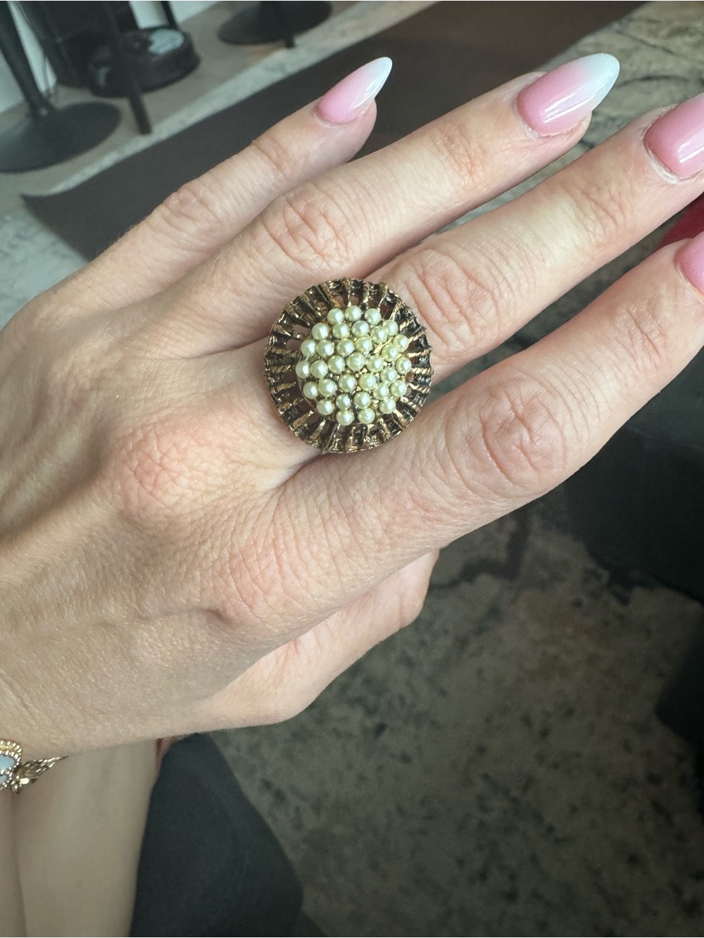Very pretty white faux pear Gold Floral Engraved Women's Band Ring